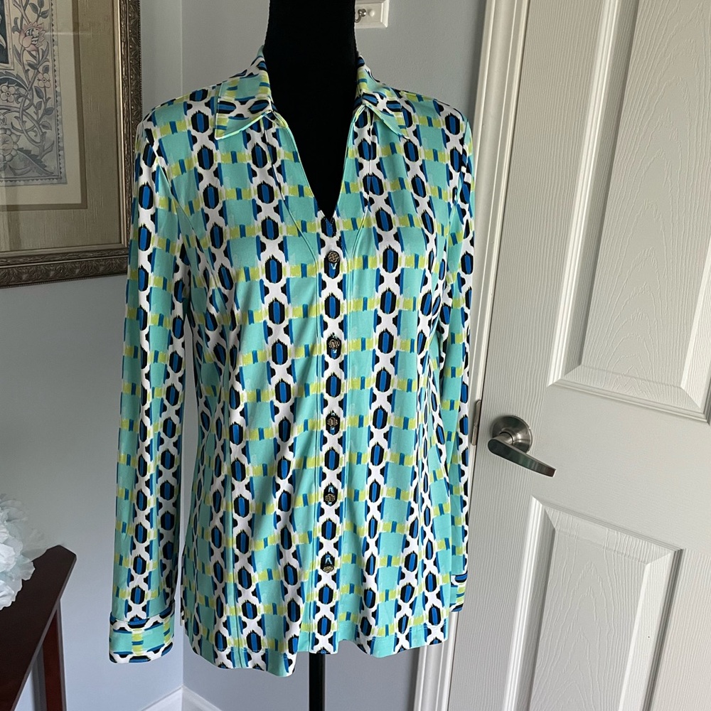 Dana Buchman Blouse. Very colorful. Blue turquoise black. Long sleeves. Size M